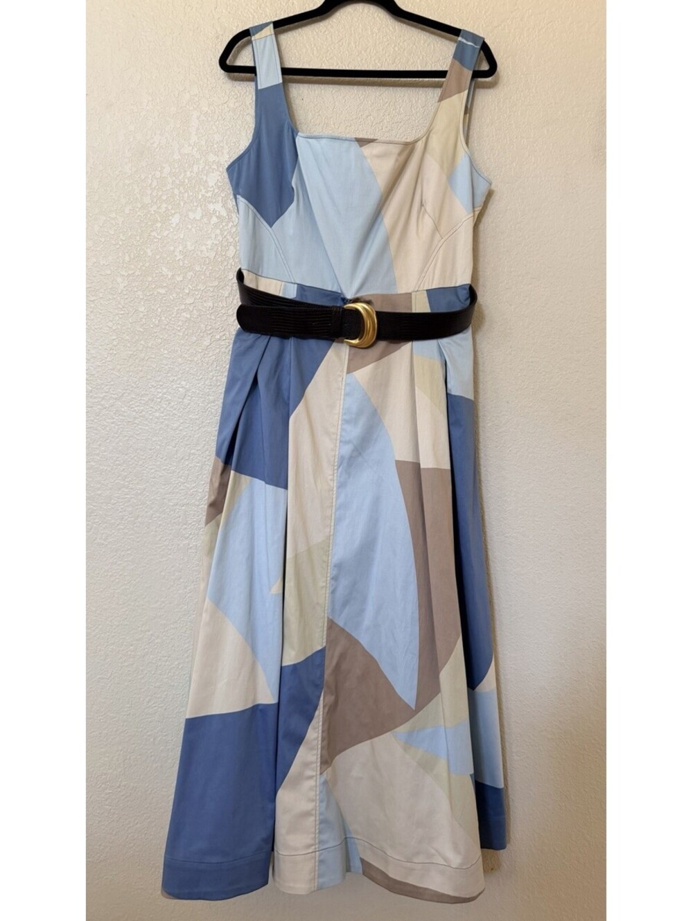 New Donna Karan Abstract Pleated Sleeveless Belted Cotton Dress Sz 14 $189 - Picture 4 of 11